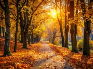 Fototapeta premium Serene Park Footpath: Sunlit Autumn Path, Golden Leaves, Peaceful Nature Walk