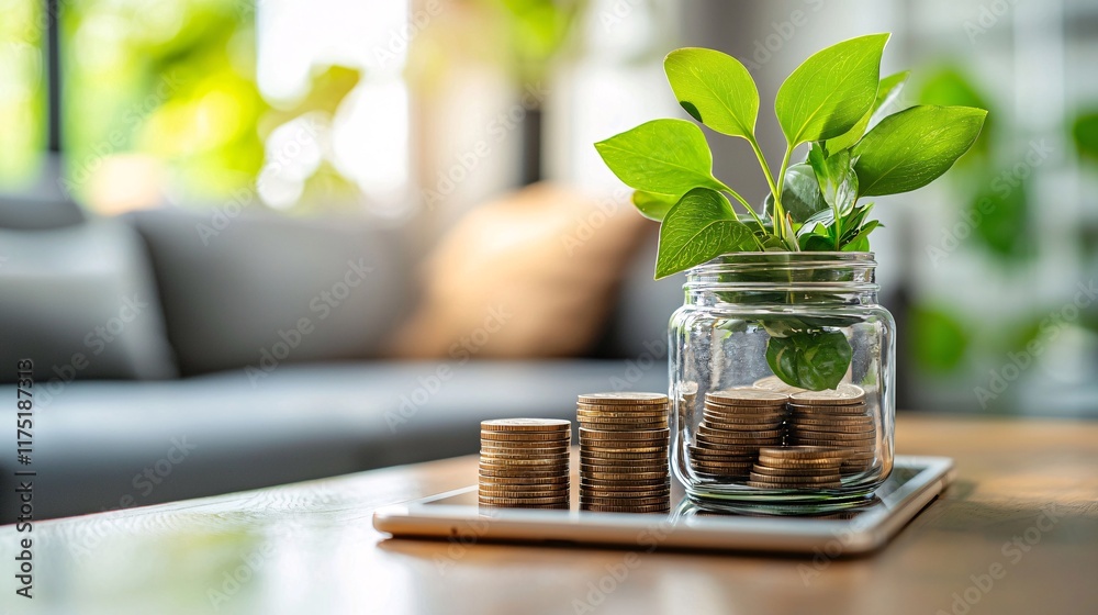 Poster Wealth management planning apps compared on a tablet and smartphone Stock Photo with side copy space