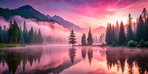 Fototapeta premium Serene Pink Mist Mountain Lake Landscape - Stock Photo