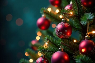 Naklejka premium Decorated Christmas tree with colorful ornaments and lights, holiday season, festive lights