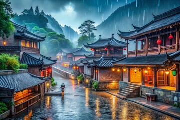 Obraz premium Serene Rainy Day in Ancient Chinese Town - Stock Photo