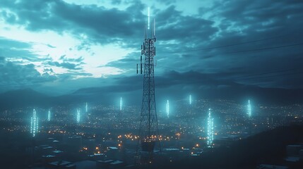 A telecommunications tower transmitting signals across a vast urban area 