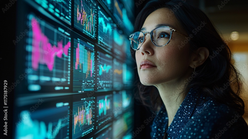 Fototapete Wealth management charts displayed on a large interactive screen Stock Photo with side copy space