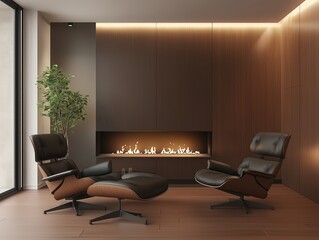 
Modern interior design, accentual and subtle, features a living room with a fireplace and wood floor, modern chairs, subtle lighting, a color scheme of dark brown and white.