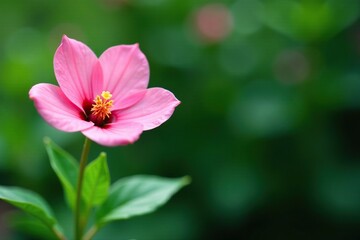 Fototapeta premium delicate petal pink flower blooms on green stem with leaves in garden, leaves, stem