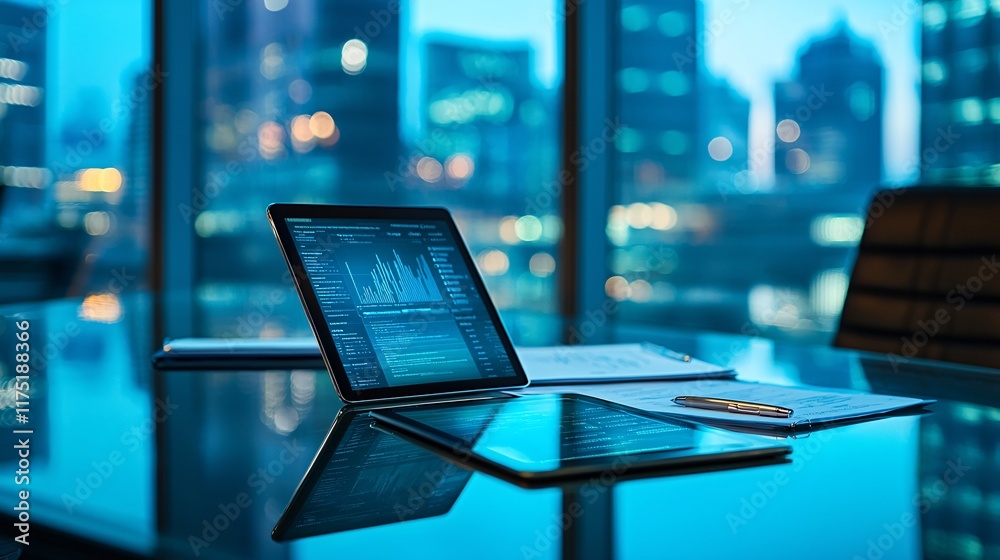Poster Wealth management documents reviewed in a corporate setting Stock Photo with side copy space