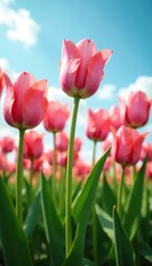 Delicate tulip stems stretching towards the sky, landscape, growth