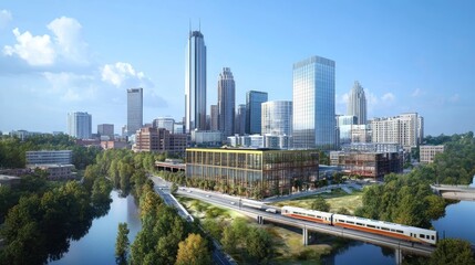 Obraz premium Modern Cityscape Featuring A New Building And Train