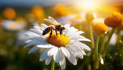 bee sitting on a daisy close up under bright sun