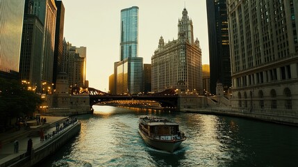 The Chicago River winding through the city, skyscrapers glowing at sunset, with nightlife starting to sparkle in the windows of towering buildings.