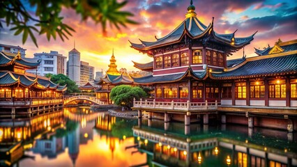 Fototapeta premium Serene Shanghai Buddha Temple at Dusk, Bokeh Lights, Peaceful Asian Architecture