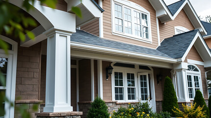 Fototapeta premium Exterior view of a two-story tan-brown house with white trim, featuring multiple windows, a covered porch with white columns, and landscaping elements including shrubs and flowers.