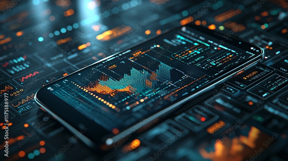 Poster wealth management investment options displayed on a financial app stock photo with side copy space