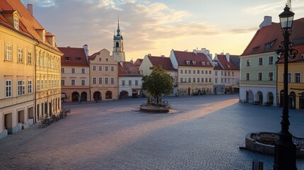 Obraz premium A peaceful view of the Old Town square at sunrise, with the historic architecture bathed in soft golden light
