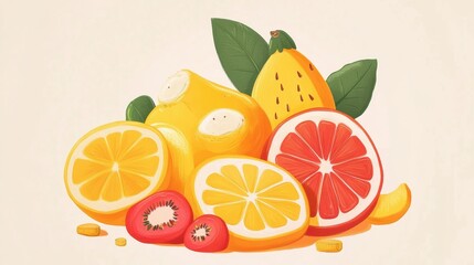 a bunch of fruit with leaves and oranges