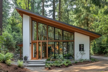 A serene modern cabin with angled windows and a wooden-framed glass front door, blending harmoniously into a forest setting