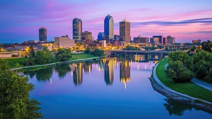 Obraz premium Wichita City Skyline Reflected in Calm Water at Dusk