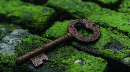 A worn, rusty key lies on lush green moss, surrounded by stones. The key's texture contrasts with the vibrant colors of nature, showcasing the beauty of decay and rejuvenation.