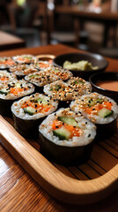 Set on a traditional bamboo sushi mat, this platter of vegan sushi rolls features vibrant colors from avocado, cucumber, and carrot slices, and a small dish of soy sauce on the side.