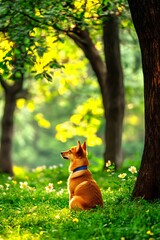Adorable brown dog enjoying the sun in a summer park with green trees. Copy space.