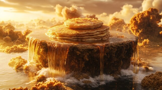 A floating island made entirely of pancakes, syrup waterfalls cascading off the edges - Powered by Adobe