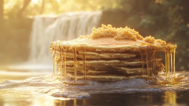 A floating island made entirely of pancakes, syrup waterfalls cascading off the edges