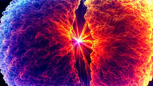 Representation of cell division with vibrant organic shapes and luminous patterns symbolizes the beauty and complexity of biological forms and processes