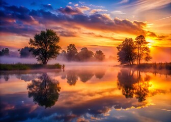 Fototapeta premium Serene Sunset: Abstract Fog Over Pond with Tree Reflections - Stock Photo