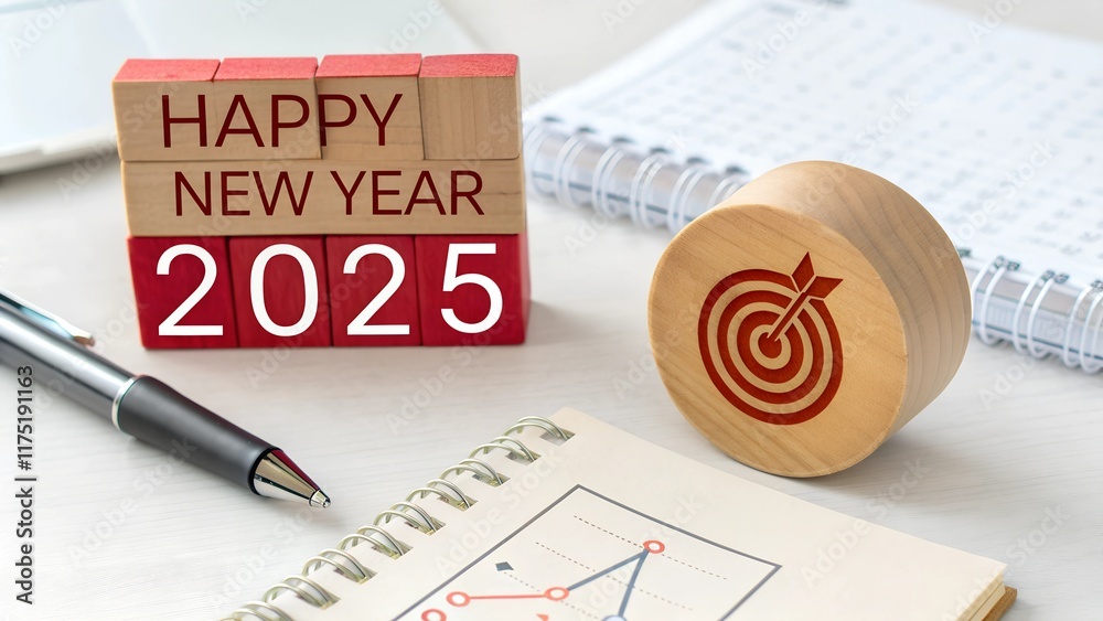 Fototapete Happy New Year 2025 and goals. Target icon on a round wood block and white 2025 number on red small desk calendar. Business plans and goals and strategies that will lead to business success .