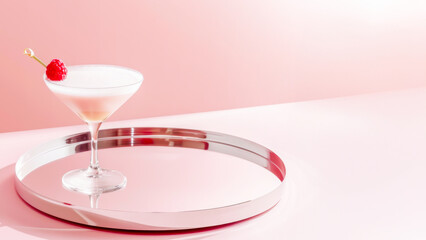 Tropical French martini with raspberry garnish in sleek glass, set on reflective tray against pink hues. Concept of relaxing resort vibes, luxurious cocktails, alcohol drinks and laid-back indulgence