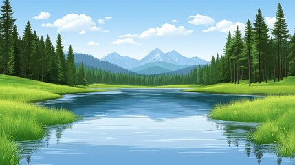 Fototapeta premium Serene mountain lake nestled amidst lush greenery and towering evergreens