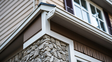 Close-up of a house exterior, showcasing a corner with stone veneer, white trim, brown siding, and a white rain gutter.  House number 179 is visible.