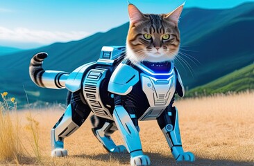 futuristic cat with tabby face and sleek robotic body stands alert in sunlit field. armor glows neon blue accents, blending technology and nature as mountains roll in background under clear blue sky