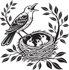 Nestling bird in nest sketch engraving vector illustration. Vector illustration of birds house on white background.