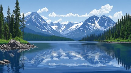 Fototapeta premium Serene mountain lake reflecting snow-capped peaks and evergreen trees