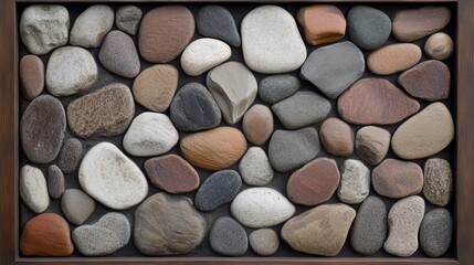 A framed arrangement of various smooth stones in earth tones creates a calming, natural aesthetic. The neutral palette and organic shapes offer a tranquil vibe.