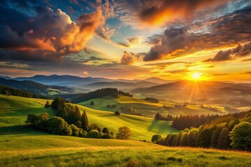 Fototapeta premium Serene Sunset Over Rolling Hills, Golden Hour Landscape Photography