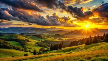 Fototapeta premium Serene Sunset Over Rolling Hills and Distant Mountains