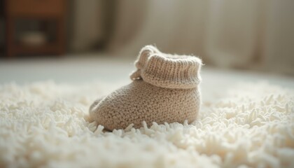 Baby bootie placed on a fluffy rug, soft lighting highlighting the texture of the knit fabric