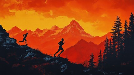 Fototapeta premium Two runners silhouetted against a fiery sunset mountain landscape.