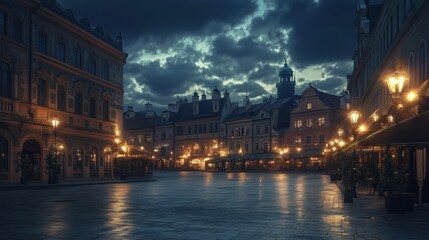 Obraz premium A serene panorama of the Old Town square at night, with glowing streetlights and a peaceful atmosphere highlighting its beauty