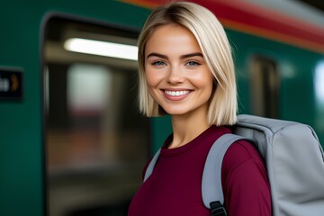 Cheerful woman traveler with short blonde hair in a maroon sweatshirt waiting for train at station.