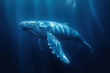 Fototapeta premium Majestic humpback whale gracefully swimming in deep blue ocean waters near coral reefs during mid-afternoon sunlight