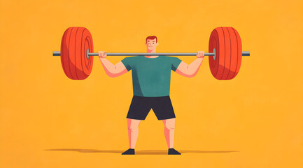Obraz premium A strong man lifts a heavy barbell against a bright yellow background, showcasing fitness and strength training.