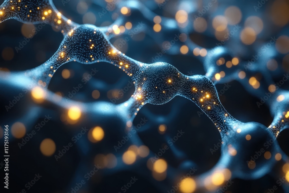 Poster abstract representation of molecular structures with glowing particles and intricate details in a da