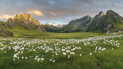Mountain Meadow Abundant White Flowers Sunset Landscape