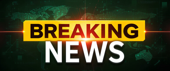 Dynamic breaking news graphic with bold yellow rectangle, glowing red light, and high-tech global design