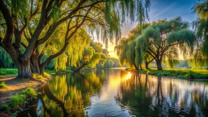 Serene Willow Grove: Ancient Trees Over Silver River - Nature Stock Photo