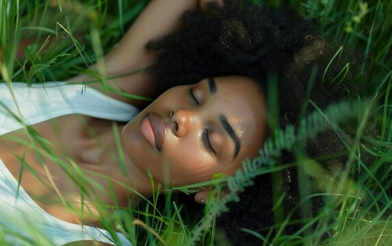 Relaxed black woman lying in the grass. Return to real life concept. Reconnection, authenticity, presence, real time world, unplugged, tangible reality, face to face interaction, physical engagement