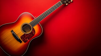 Fototapeta premium Acoustic guitar on a vibrant red background, suitable for musical theme background